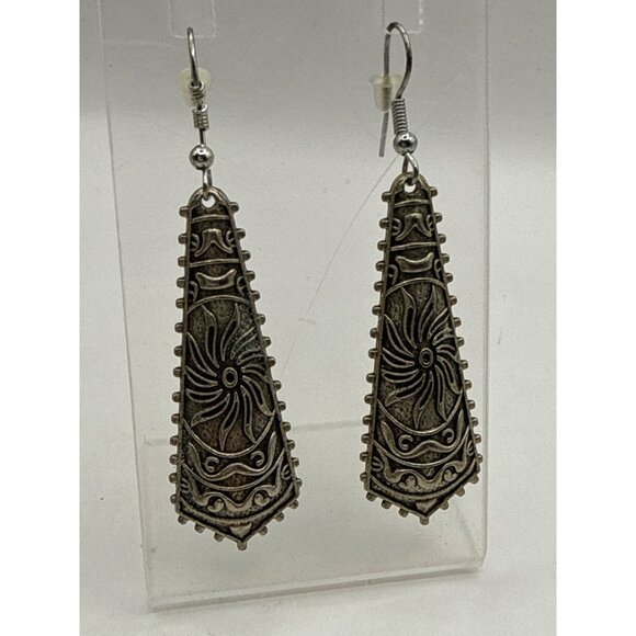 Antique Silver Tone Tribal Dangling Drop Earrings With Fish Hook Backs & Intrica - Picture 1 of 6